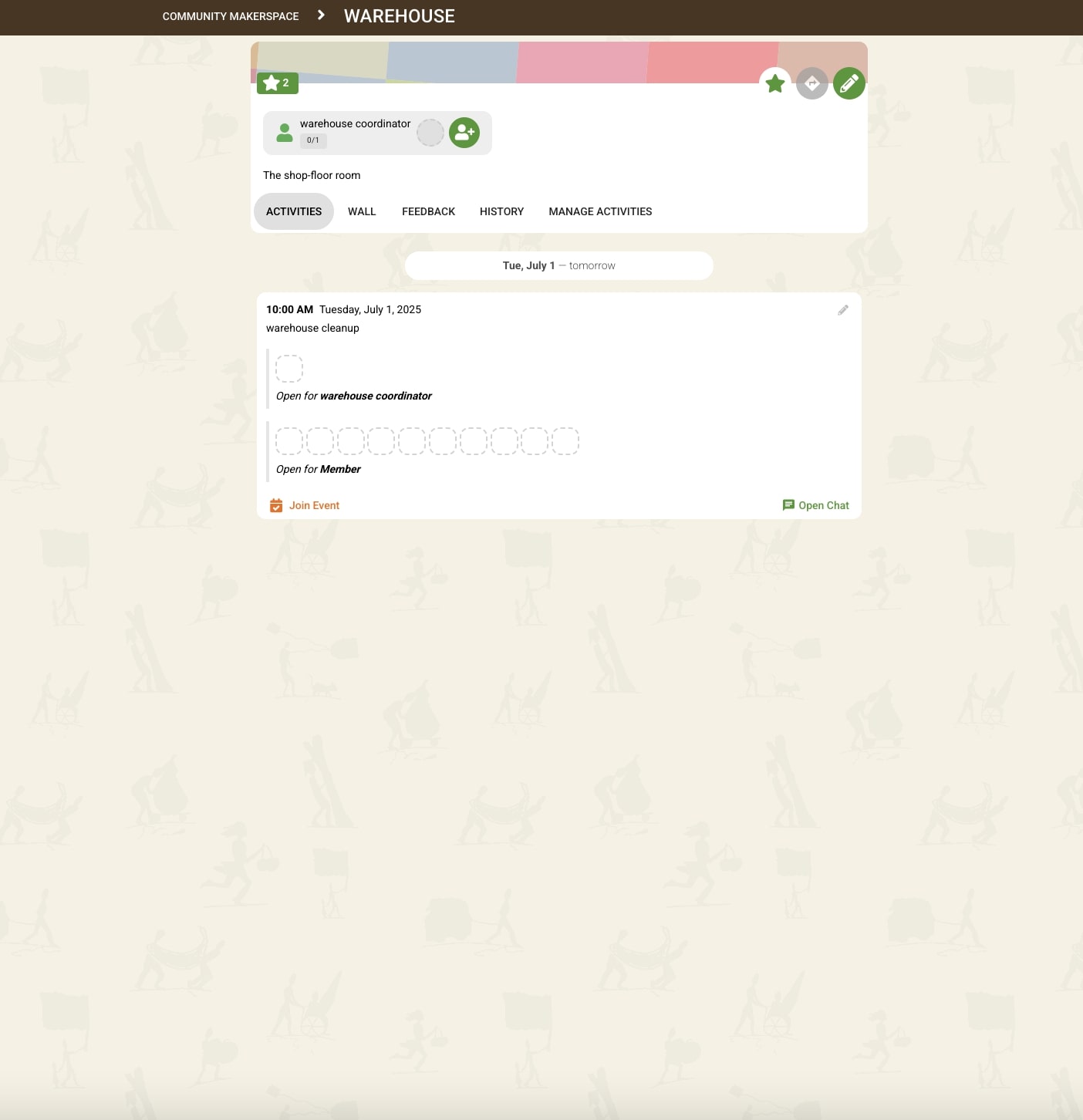 Screenshot of place on activity tab with one activity using several participant types
