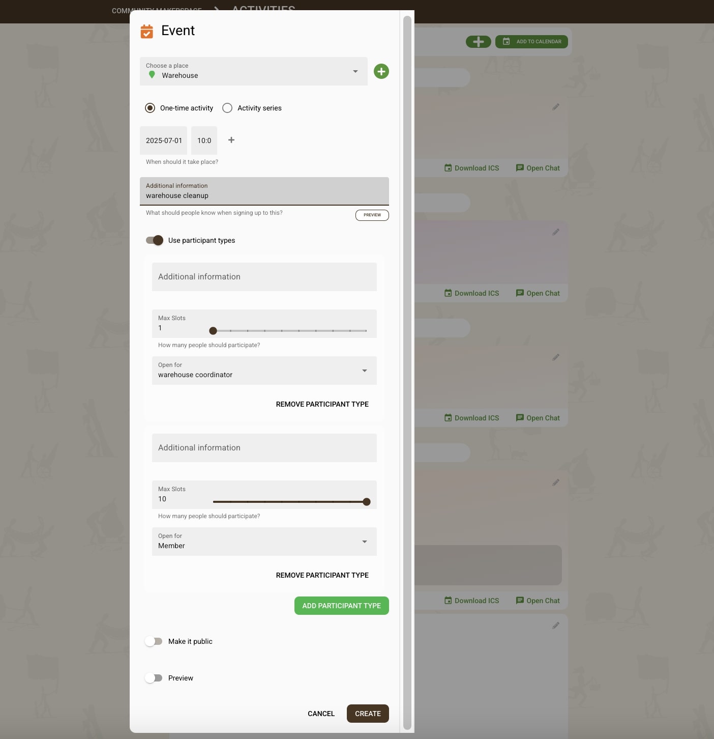 Screenshot of activity configuration showing two participant types, warehouse coordinator and member