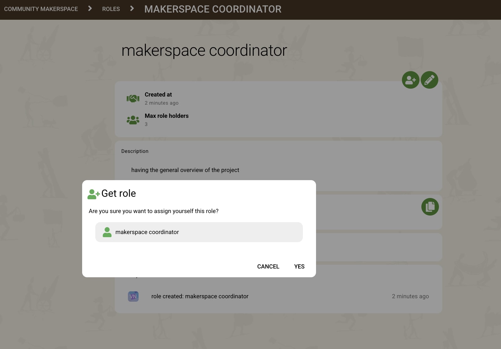 Screenshot of pop-up 'get role'