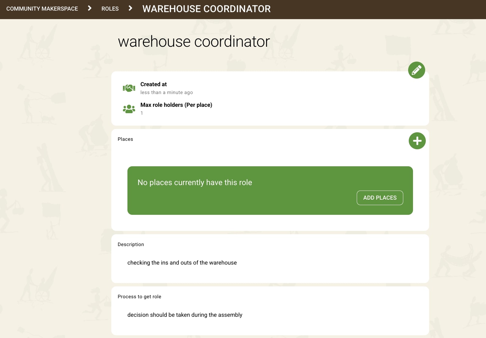 Screenshot of warehouse coordinator role description with no places